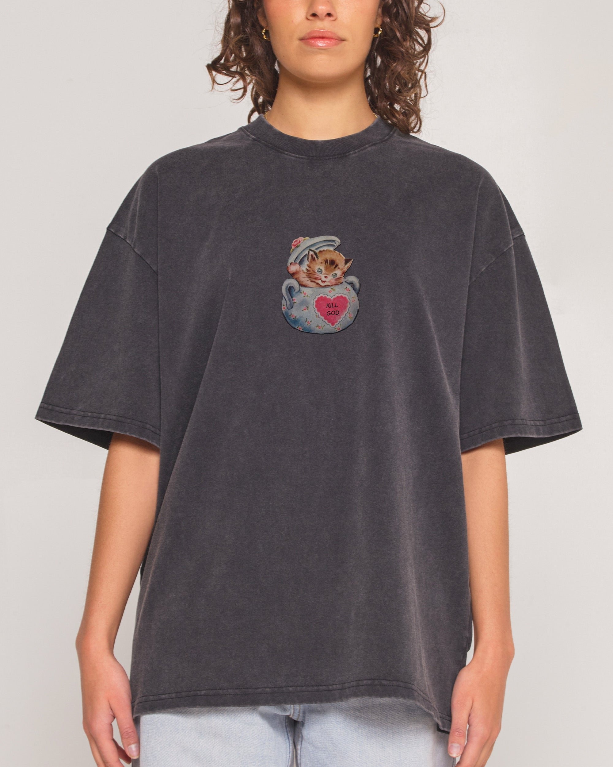 Kill God Oversized Graphic Tee Dogecore Collab Unisex 90s Boxy Fit 100% Cotton