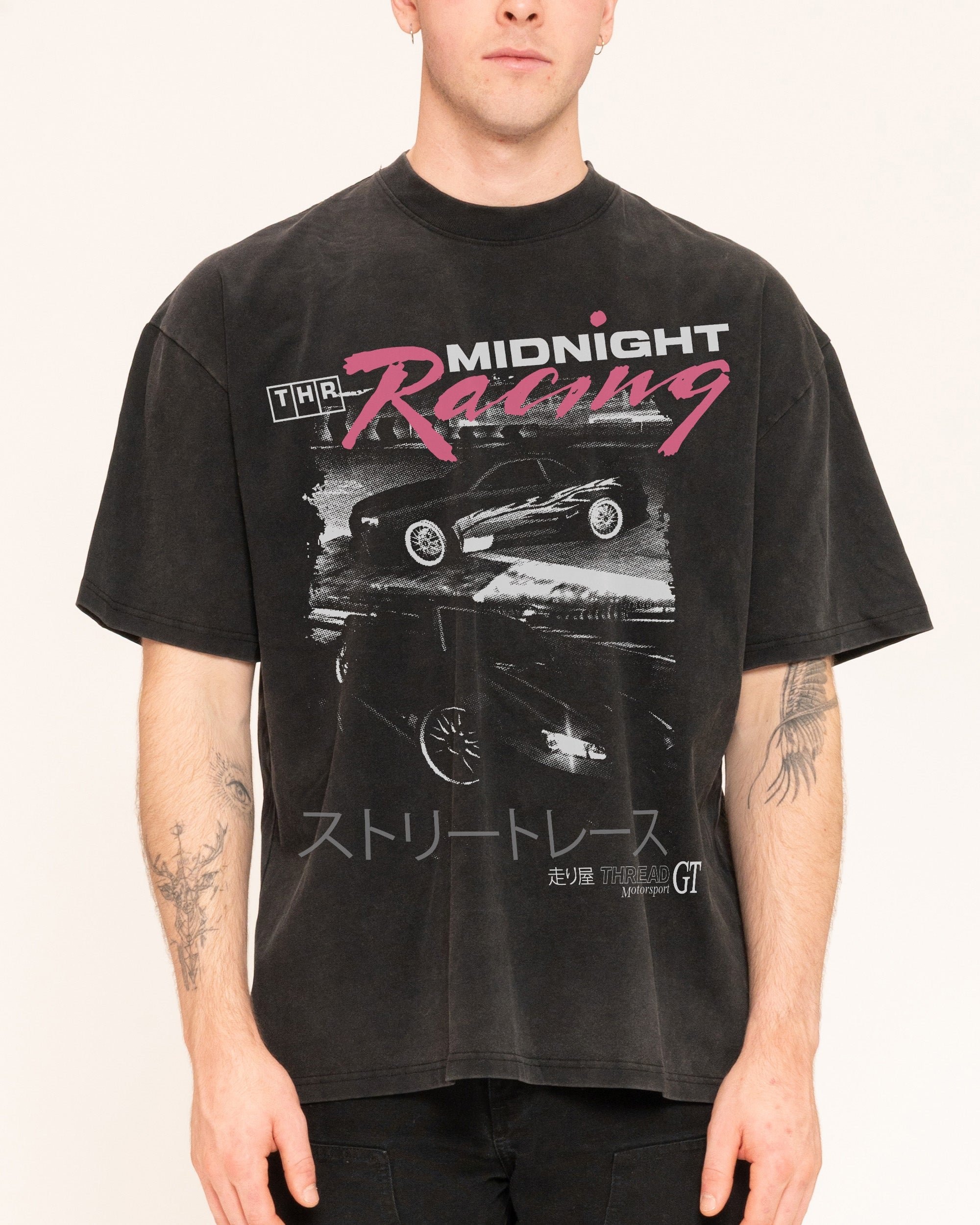 Midnight Drifting Oversized Unisex Tee - Threadheads 90s Graphic T-Shirt Heavyweight Combed Cotton Boxy Fit